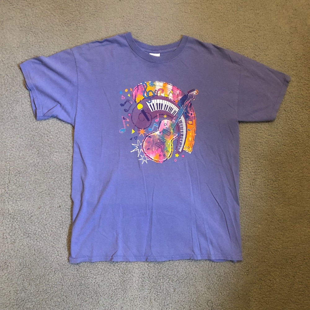 2000's‎ Faded Music Graphic Tee Purple Guitar Keyboard 100% Cotton Shirt Large